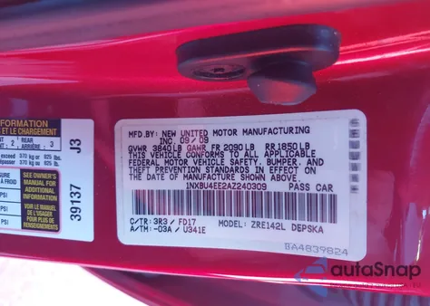 2010 Toyota Corolla S from USA, damaged, VIN 1NXBU4EE2AZ240309